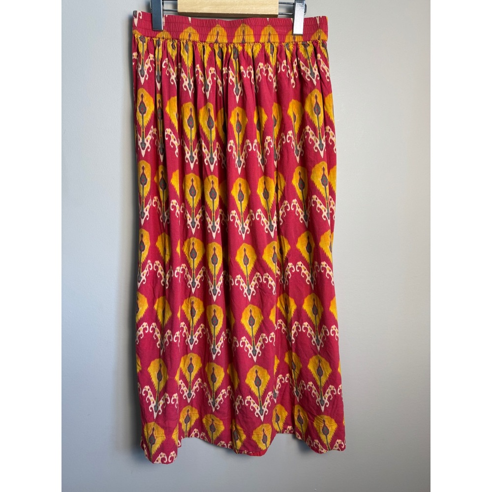 Bombay‎ Paisley Pink Yellow Ikat Print Viscose Maxi Skirt Boho Festival Artsy M